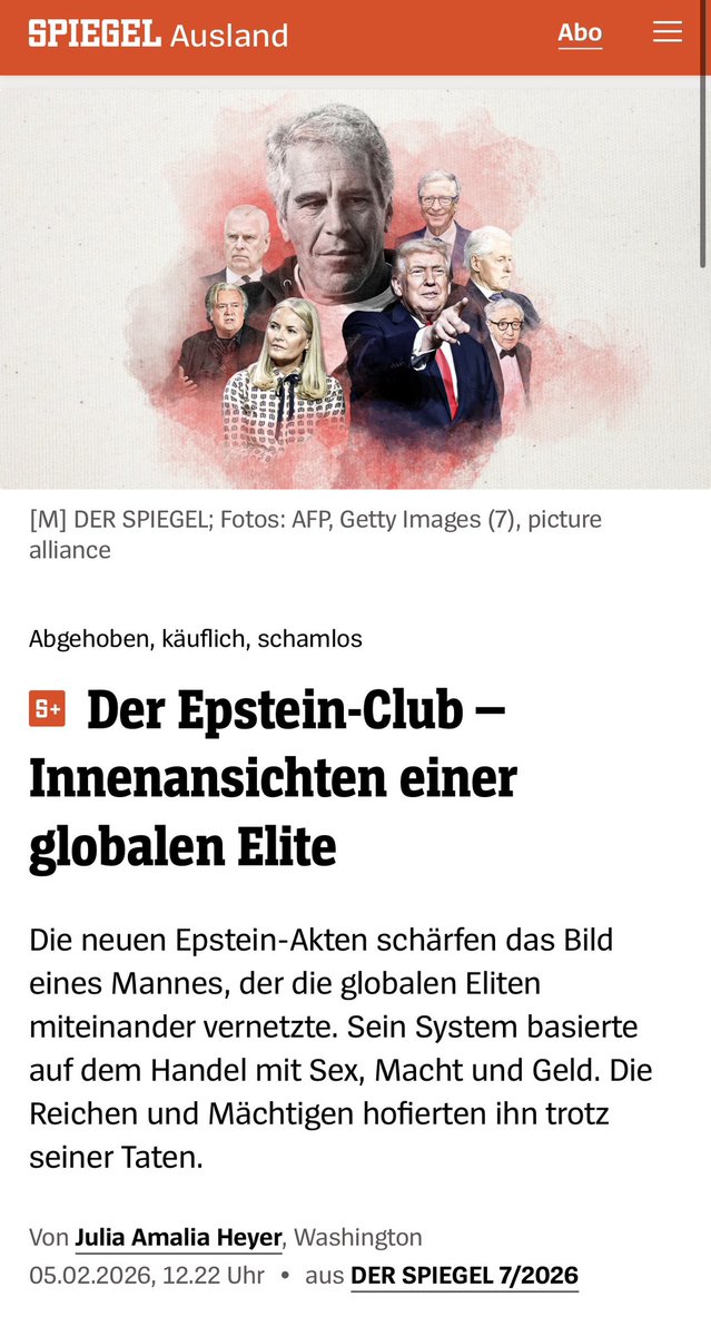 Pauline__Voss's tweet photo. Beim SPIEGEL spricht man nach der Veröffentlichung der Epstein-Akten auf einmal von einer „globalen Elite“. Vor Kurzem hatte das Magazin noch bereitwillig die Erzählung des Verfassungsschutzes übernommen, laut dem es sich dabei um einen antisemitischen Code der AfD handelte. Jede vermeintliche Verschwörungstheorie, die sich - zumindest in Teilen - als wahr entpuppt, enttarnt die Argumente der Linken als Strohmänner.