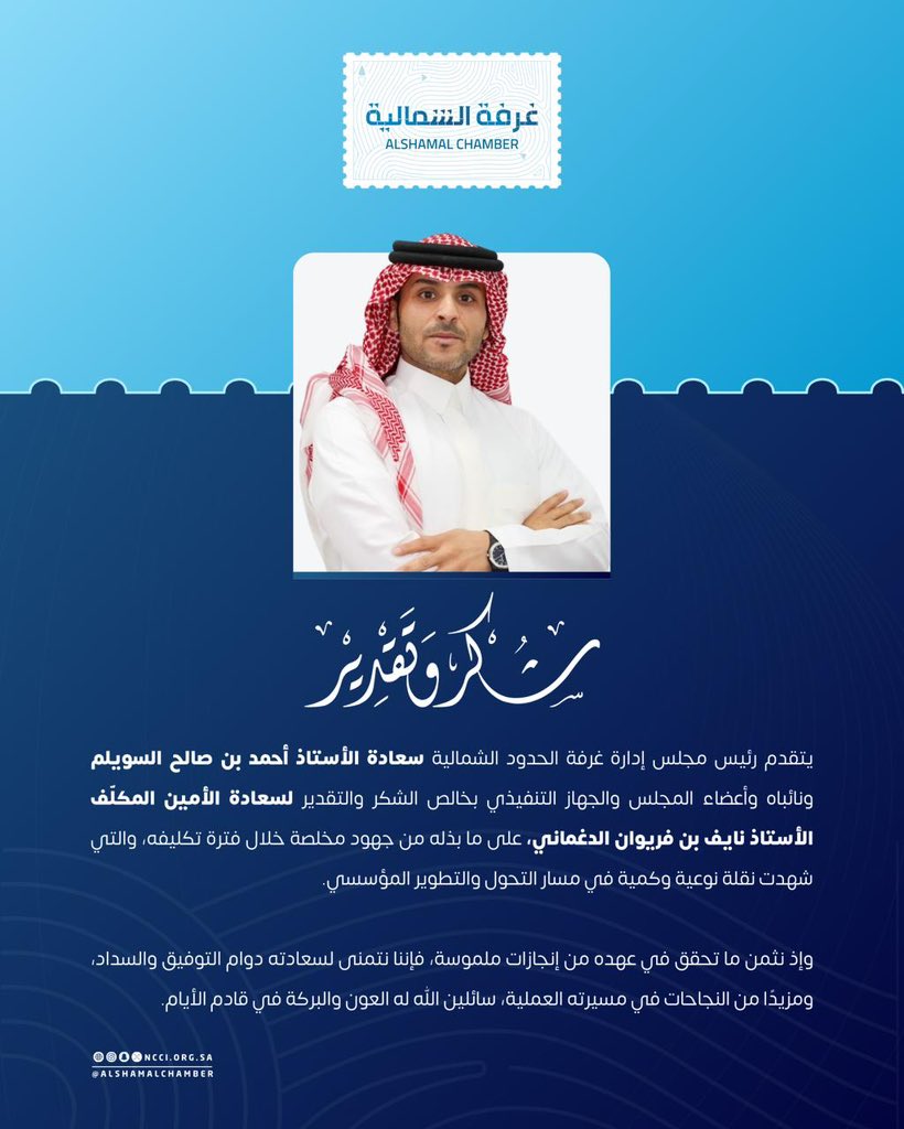 #شكر_وتقدير |

يتقدم رئيس مجلس إدارة #غرفة_الشمالية ومنسوبيها بالشكر والتقدير للأستاذ نايف بن فريوان الدغماني الامين العام المكلف ، تقديرًا لما بذله من جهود خلال فترة تكليفه.