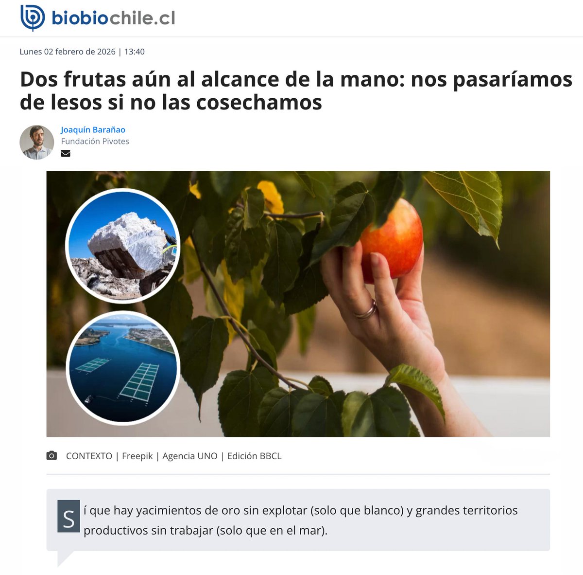 Pivotes_cl's tweet photo. Litio y acuicultura: dos frutas al alcance de la mano

“La fórmula para salir del empantanamiento es clara: dejar de entender al litio como un mineral excepcional y tratarlo como todos los demás”, dice @JoaquinBaranao en @BioBio.

Hay un camino legislativo avanzado. Falta decisión política.

Nuestra propuesta: https://t.co/0MxQnwVaV8

Más: https://t.co/5161G5wWaj