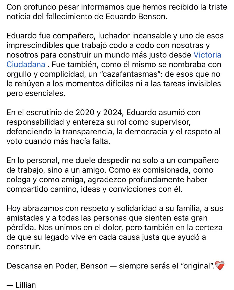 comisionadamvc's tweet photo. ❤️‍🩹 Con mucha tristeza nos enteramos de la partida física de nuestro compañero Eduardo Benson. Luchador incansable y uno de los imprescindibles. 

Nos unimos en solidaridad con su familia y con quienes hoy sienten esta gran pérdida. https://t.co/UYa89ksU5B