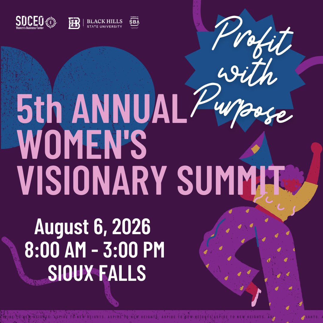 📅 Mark Your Calendar!

The 5th Annual Women’s Visionary Summit: Profit with Purpose is coming to Sioux Falls on August 6, 2026!

Learn more and register here: sdceo.ecenterdirect.com/events/1019228