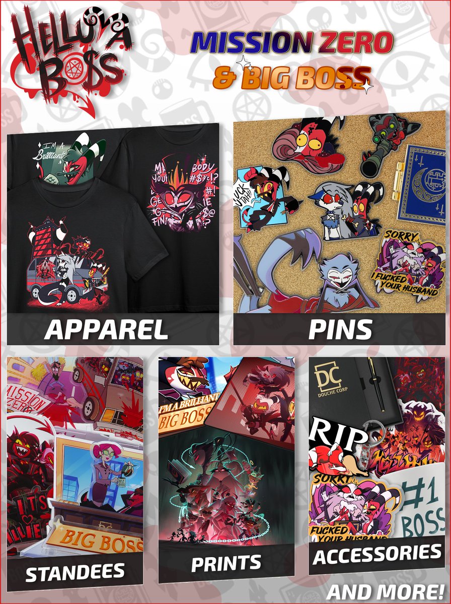 Merch for Helluva Boss: Mission Zero and BIG BOSS is out now! Get