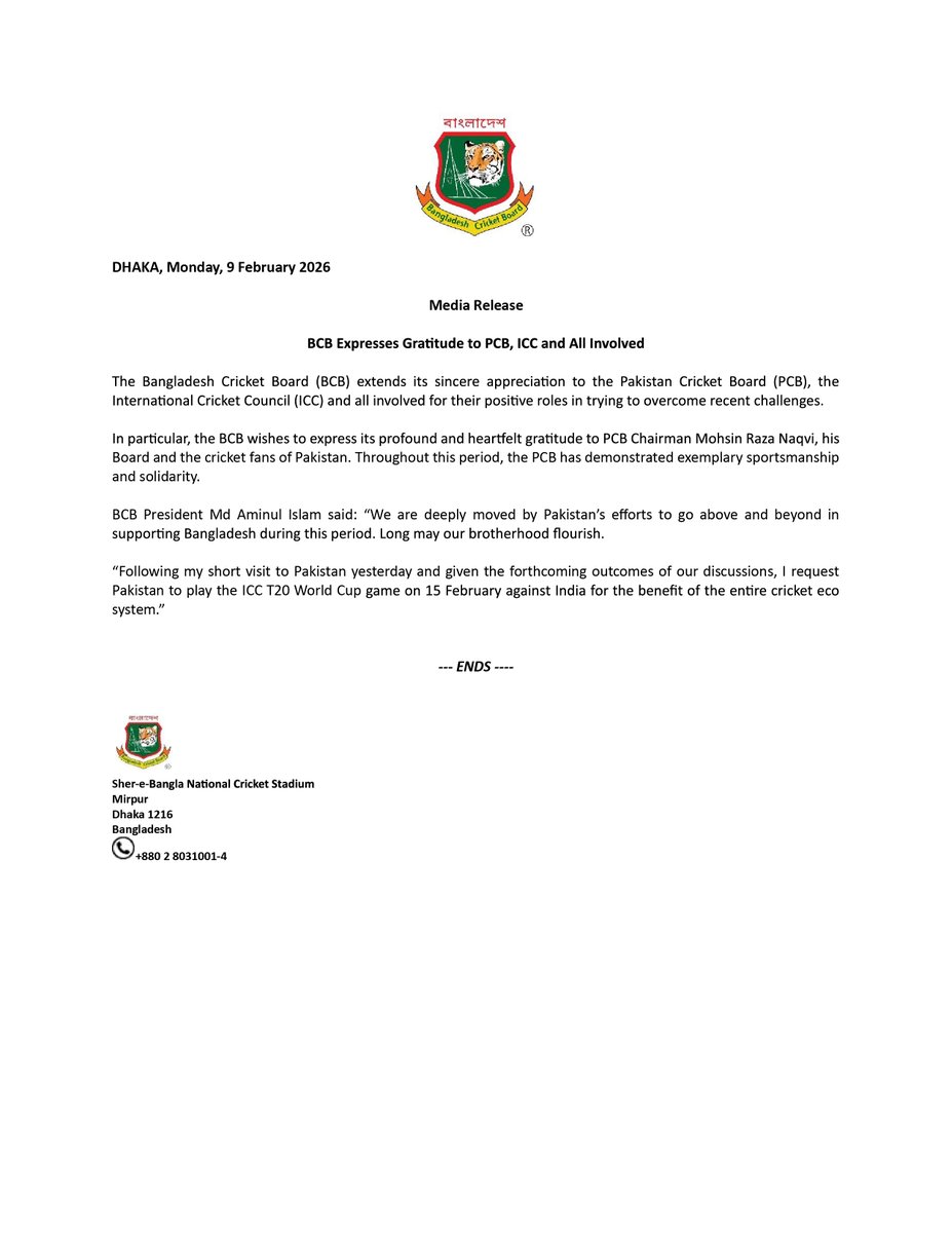 Bangladesh Cricket Board acknowledges Pakistan Cricket Board and ICC for their positive role and solidarity.
 
#BCB #Cricket #Bangladesh #Tigers