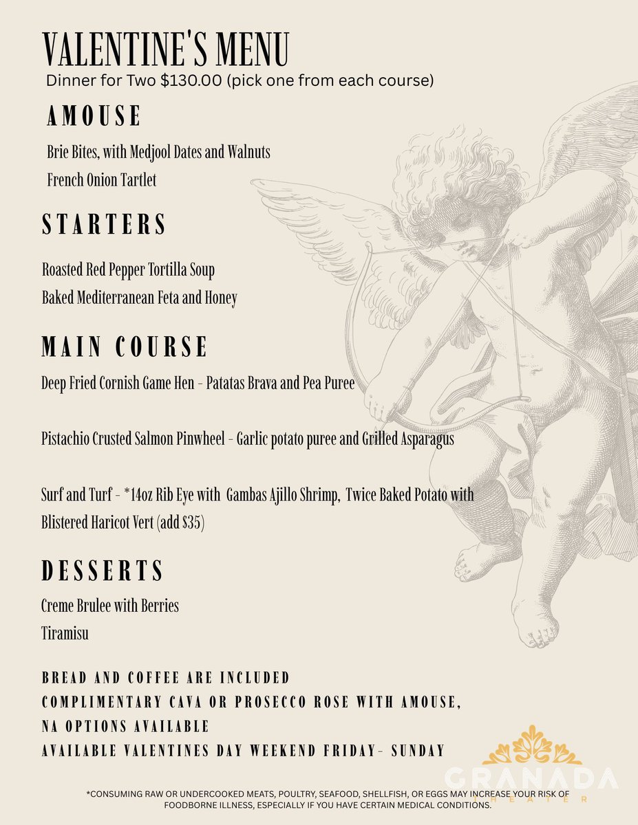 Celebrate love at Granada Theater! Join us this Friday-Sunday for a special $130 Valentine’s dinner for two, including complimentary Cava. 🥂 Reserve your romantic night in Uptown at uptownlobby.com. #ValentinesDay #Minneapolis #GranadaTheater #Uptown