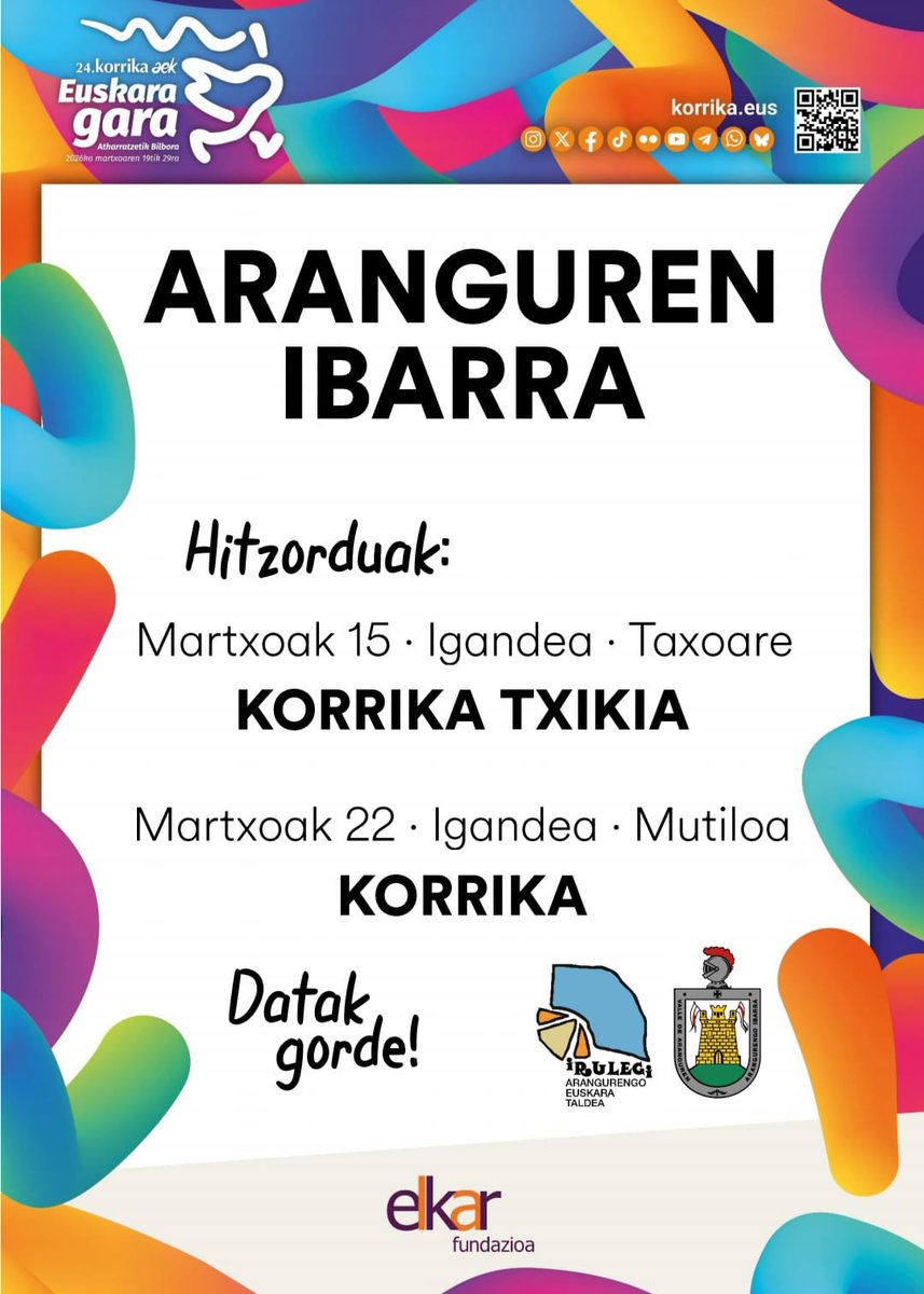 Korrika badator!!
🚐🏃🏃🏼‍♂️🏃🏾‍♀️
Datak gorde!!

#EuskaraGara
#Korrika24
#ArangurenIbarra