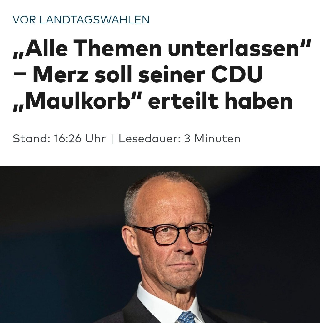 Bei der Bundestagswahl wurde gelogen, bei den Landtagswahlen darf nicht mehr die Wahrheit gesagt werden.

#Merz hat ein Problem mit der Wahrheit und will, dass die Bürger*innen möglichst unwissend zu den Wahlen gehen.

Anders lässt sich die Politik der #CDU nicht verkaufen.
/PM