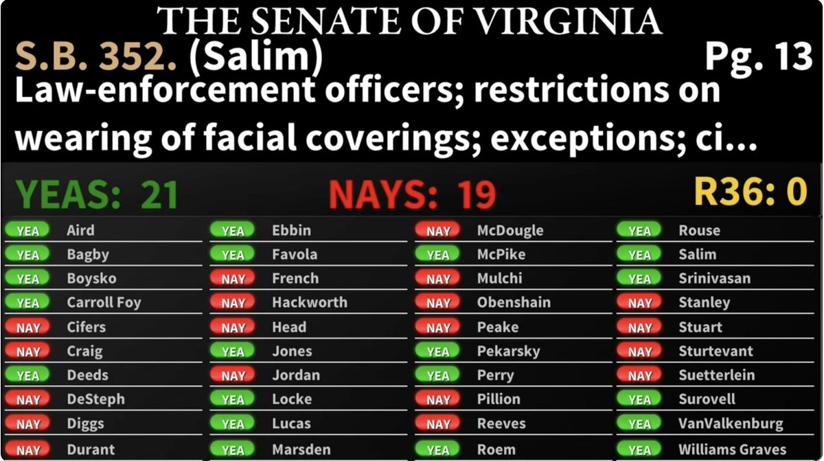 Sen Sturtevant speaks against (?) <a href="/SalimVASenate/">Senator Saddam Azlan Salim</a> bill preventing law enforcement from wearing face coverings while on duty. "Think about these law enforcement officers being recorded, doxxed, their names being put out online." If they're not doing anything wrong, should be fine.