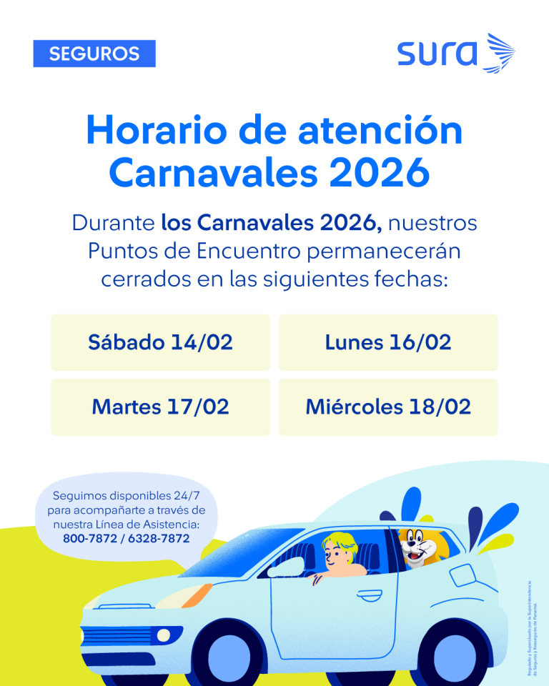 📌 Horarios de atención – Carnaval
Durante estos días contamos con un horario especial.
Retomamos nuestro horario habitual el próximo día hábil.

🚗💙 Tu Carnaval seguro con SURA