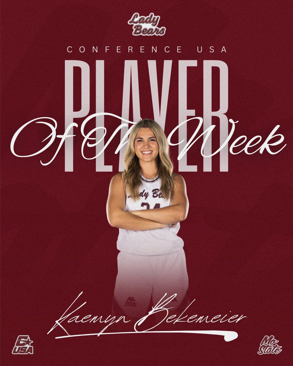MoStateWBB's tweet photo. CUSA Player of the Week x 4⃣ ‼️

Kaemyn Bekemeier paced the Lady Bears and CUSA with 23.0 points/game this week as she helped lead her squad to two wins! 

🔗 https://t.co/rnDQAnExkr

#LadyBears | #WeAreMoState https://t.co/0nr9dVihTF
