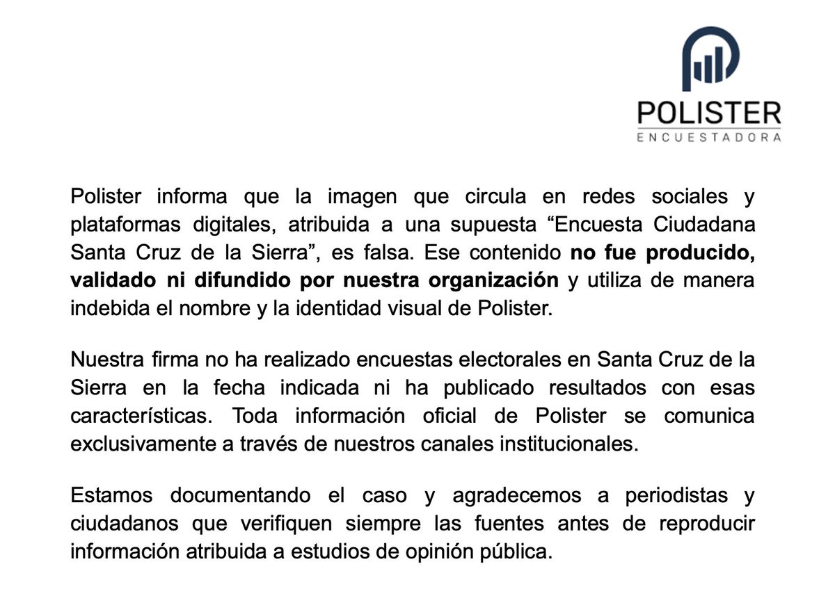 🚨Polister no ha realizado ningún estudio en Santa Cruz de la Sierra, Bolivia.🚨 

Todos nuestros estudios son difundidos a través de nuestros canales institucionales.