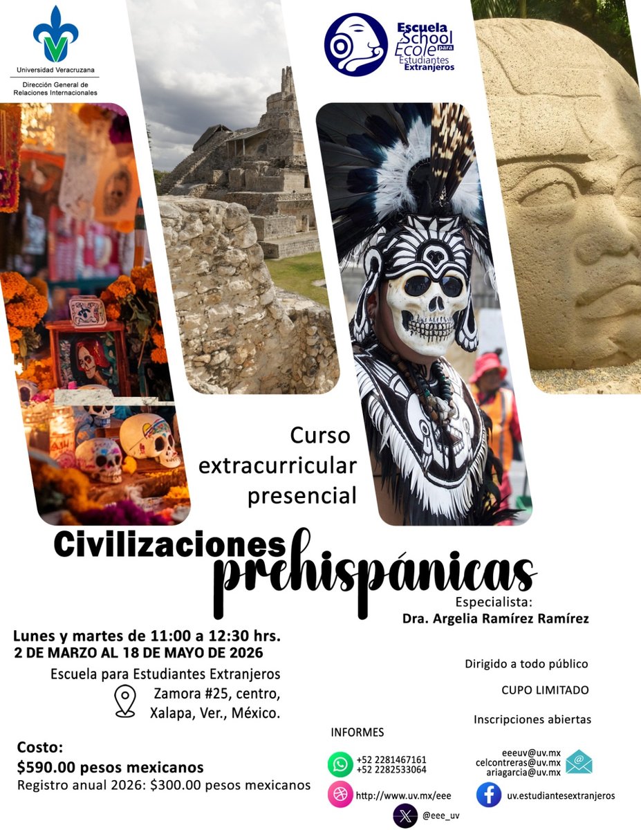 eee_uv's tweet photo. ¡Explora el pasado! 🗿 Inscríbete al curso "Civilizaciones Prehispánicas" en la @eee_uv.

🗓️ 2 mar - 18 may
⏰ Lun y Mar, 11:00h
📍 Zamora 25, Xalapa
💰 $590 MXN (+ reg. anual)
👥 Cupo limitado / Público general

Inscríbete aquí:
📧eeeuv@uv.mx
📧celcontreras@uv.mx https://t.co/BZAwvIIIlv