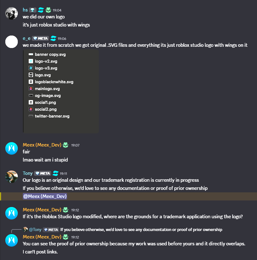 ThatMeex's tweet photo. I contacted @metaindev privately about them using my logo concept. They claimed it's their "original design" with a trademark pending, but also "just the Roblox Studio logo with wings." When I pointed out this contradiction, they deleted my ticket. See my logo concept from 2023👇 https://t.co/82h35GJXYP