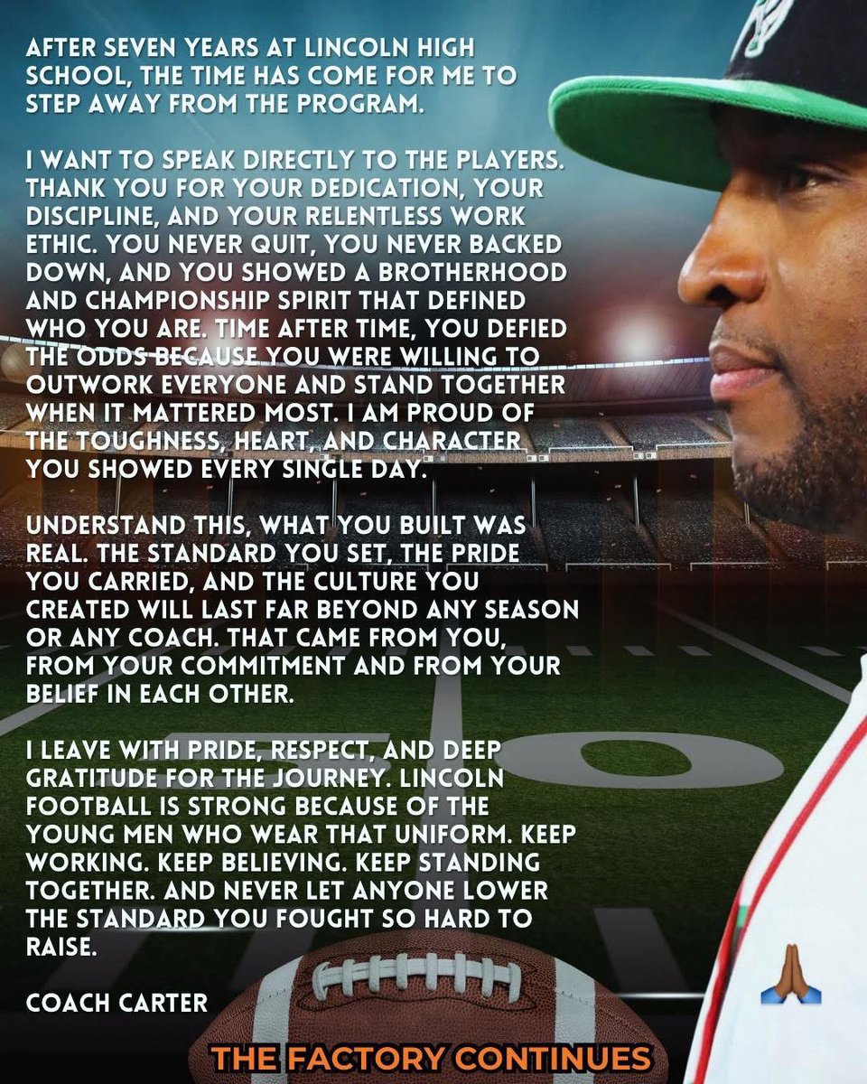 Huge respect and gratitude to Coach Carter — thank you for your leadership, your tireless work ethic, and the culture of excellence you built here at Lincoln.

instagram.com/p/DUjEHlHj9Yo/…

#LincolnCertified 🍀 #RepTheHive