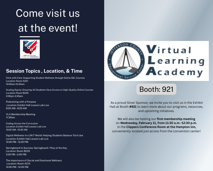 JCESC_VLA's tweet photo. The JCESC Virtual Learning Academy is attending OETC 2026!
Stop by Booth #921
Feb. 10th-12th, 2026
We will also be hosting our first membership meeting:
📷 Wednesday | 📷 11:30–12:30
📷 Clippers Conference Room, Hampton Inn
#jcesc #virtuallearningacademy #OETC2026 #onlinelearning https://t.co/PyK2iZxUYW