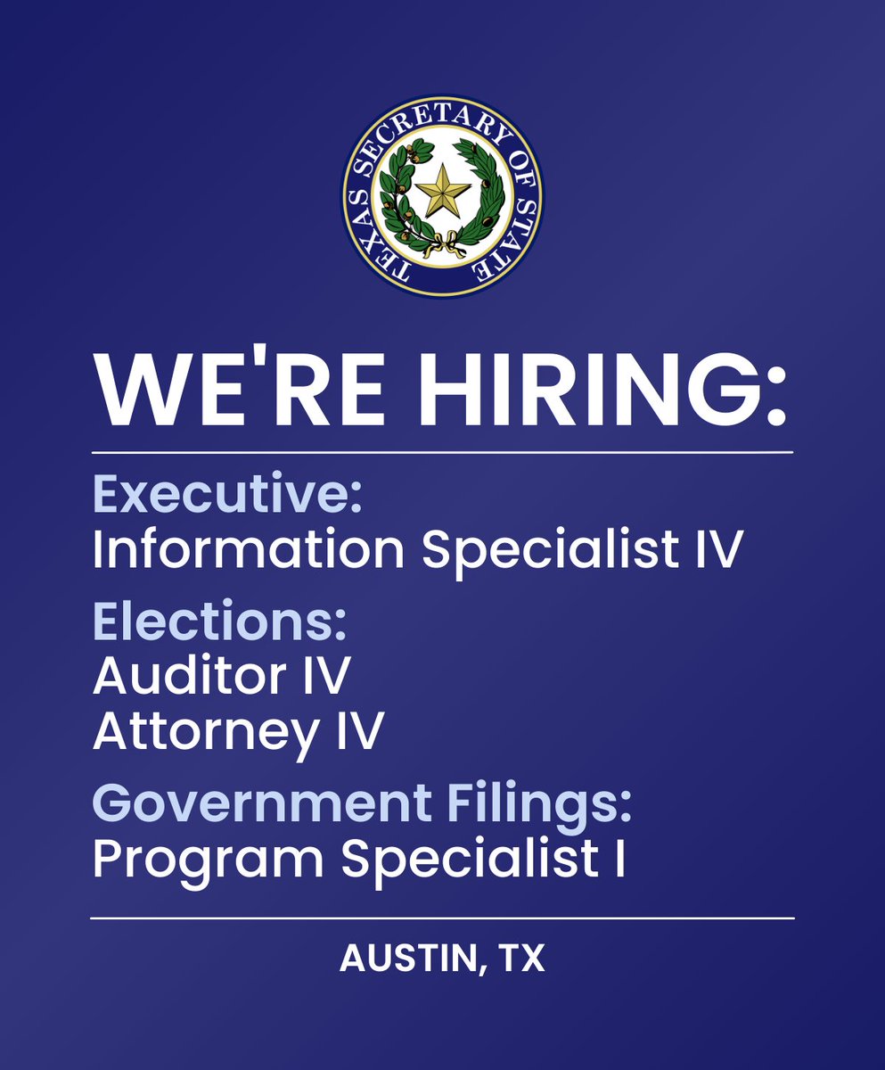 TXsecofstate's tweet photo. We are #hiring! If you are interested in joining our team at the Office of the Texas Secretary of State, learn more here: https://t.co/pAiNr1rYG2 https://t.co/GbnjOMV7Y8