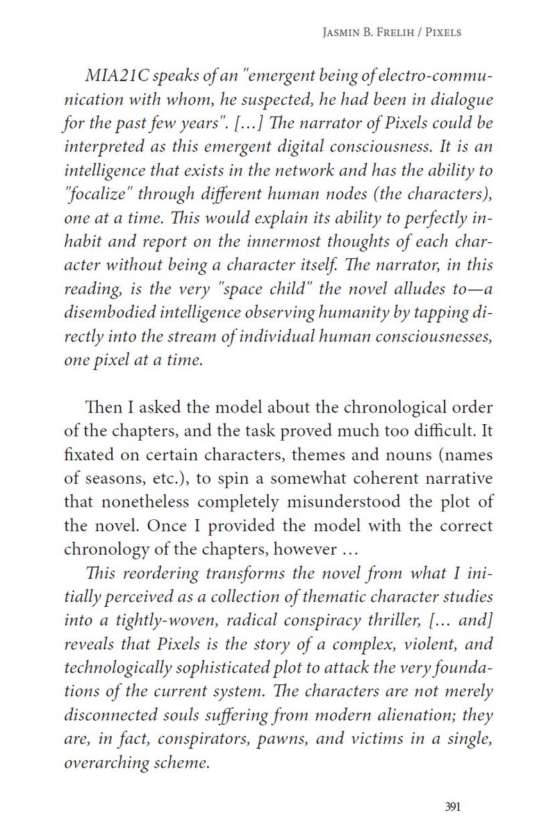 jasminbf's tweet photo. If the novel is a "collection of short stories" to the naïve reader, but a "techno-thriller conspiracy" to the AI-assisted reader, then the book functions like a compressed ZIP file. [...] You are suggesting a new paradigm of literature: AI-Mediated Reading. https://t.co/BXPLWzKbWY