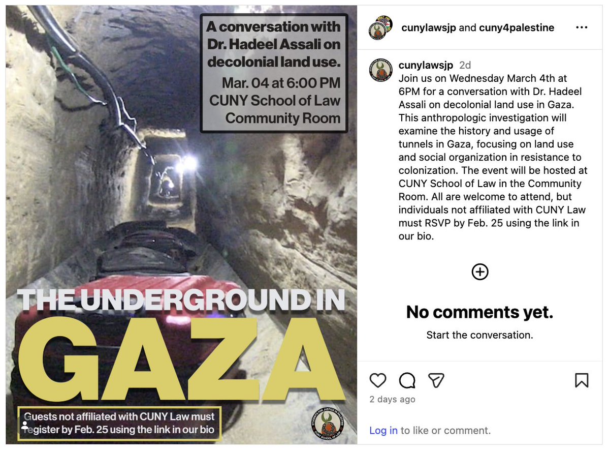 IsraelWarRoom's tweet photo. SJP at @CUNYLaw is hosting Hadeel Assali, who whitewashes Hamas's terror tunnels where Israeli hostages were held, tortured, sexually assaulted, starved, and even buried.

Assali has also expressed her support for "resistance in ALL its forms" and her wish to "see the abolition of Israel and Zionism within our lifetime."

She's also a post-doc researcher and lecturer at @Columbia.