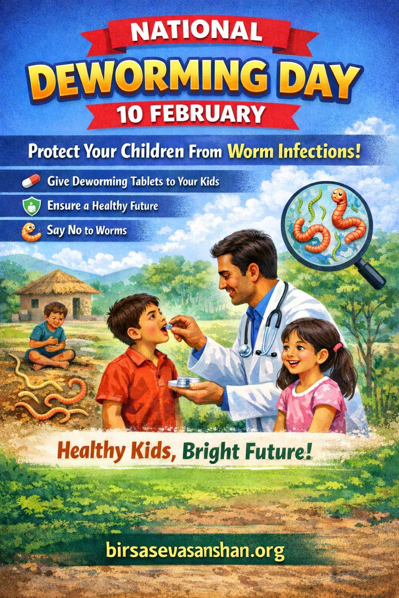 BirsaSeva's tweet photo. 🪱 National Deworming Day | 
 📅 10 February 
Healthy children are the foundation of a healthy natio
On National Deworming Day, let’s protect our children from intestinal worms and support their growth, nutrition, and learning
Birsa Seva Sansthan 
#NationalDewormingDay #Health https://t.co/PFe7OVGiQz