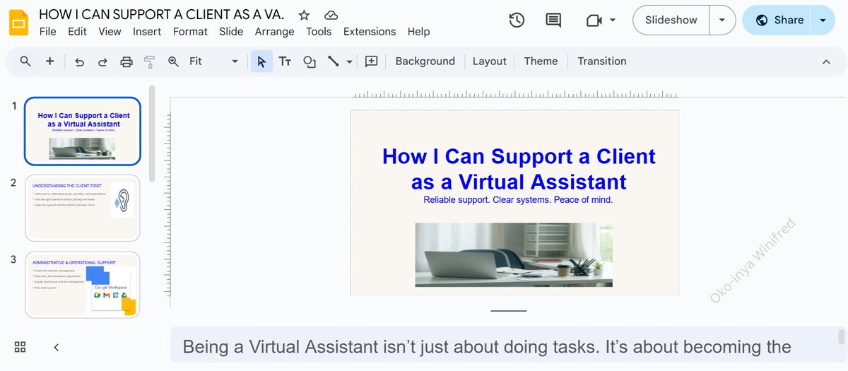 OkoinyaWinifred's tweet photo. Week one project completed ✅

Created:
• A Google Form for client onboarding with full process documentation
• A separate Google Slides presentation on how I support clients as a VA

Submitted before deadline + good review 
Growth feels good. 
@remotetech__  
@nonoo_techie 🙏 https://t.co/Rf0JSh5avz