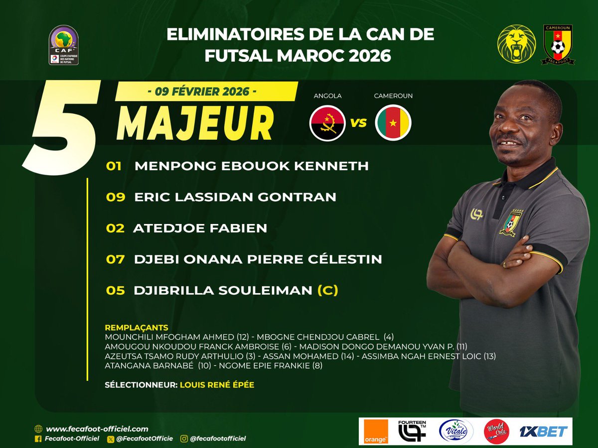LIndomptables's tweet photo. 🔥⚽ #LIVEFACEBOOK

Voici le 5 majeur des #LionsIndomptables !!

#ANGOLA 🇦🇴 🆚 🇨🇲 #CAMEROUN

📆 : 9 février 2026
🕑 : 20H00
🏟️ : Complexe multisports de Kilamba
📍 Luanda - Angola

#AFCONFUTSALQ | #ANGCMR
#GOLIONS | 
#ALLEZLESLIONS | 
#LETSROARTOGETHER|
#INDOMPTABLES | https://t.co/J1oxWQGUrq