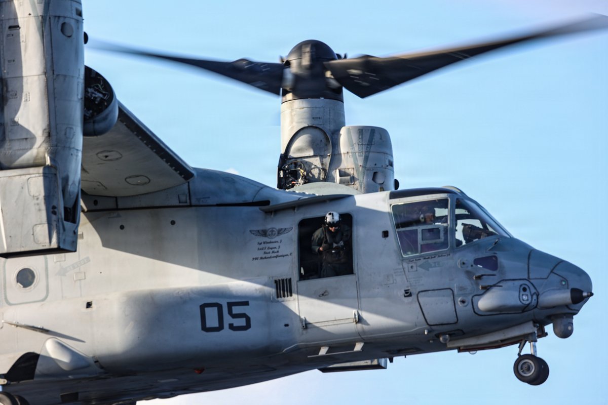 USMC's tweet photo. #Marines with @22nd_MEU take part in MV-22B Osprey flight operations while underway in the Caribbean Sea.

U.S. military forces are deployed to the Caribbean in support of the @Southcom mission, @DeptofWar - directed operations, and the @POTUS priorities to disrupt illicit drug trafficking and protect the homeland. 

#22ndMEU #AlwaysReady #MarineCorps