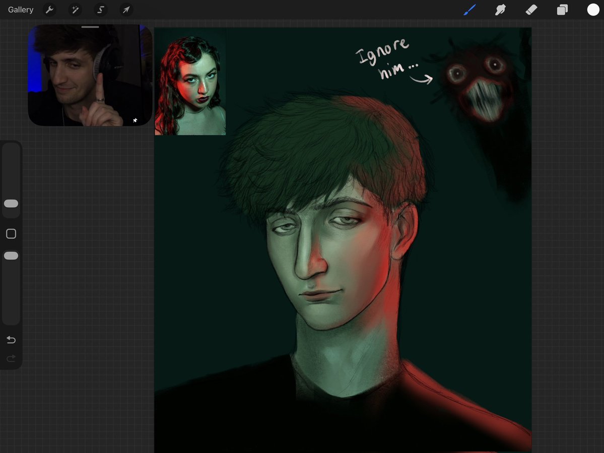 I tend to spam and show every step of my art i will try not to do that today but for now thats how it looks (i got distracted ignore the creature in the back) gotta do the other rendering layer :D ive never actually colored a fan art before this is gonna be interesting ✨
