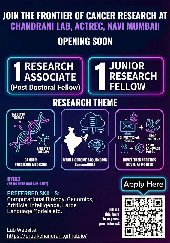 PratikChandrani's tweet photo. for fresh PhD or MSc/MTech/BTech having a lot of #curiosity and #tenacity to solve the #mysteries of #cancer! @CRI_ACTREC @ACTREC_TMC @TataMemorial @biopatrika @SciComm_India @SciSoup @DBTIndia @GenomeIndia https://t.co/REO3IG9Ojv