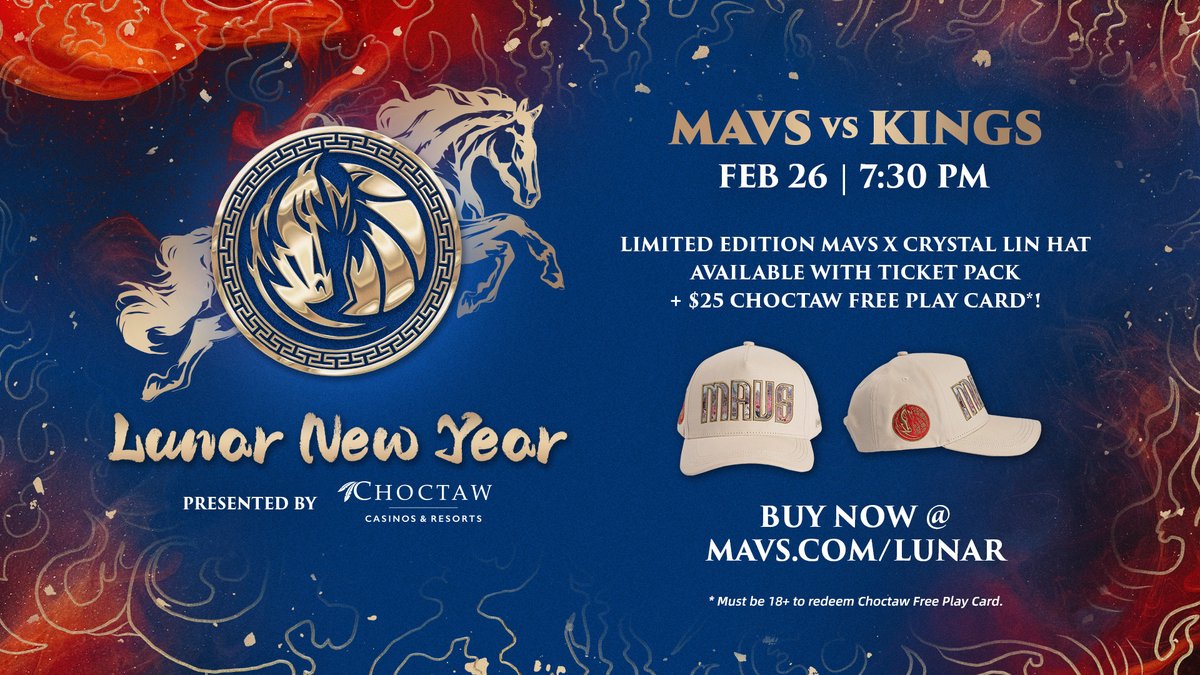 dallasmavs's tweet photo. Celebrate the Year of the Fire Horse with a 🎟️ pack‼️

➡️ Get a game ticket + limited edition Crystal Lin hat AND $25 Free Play Card to @ChoctawCasinos!

TICKETS: https://t.co/76bNtBBBmN // #MFFL https://t.co/yd5iM4ZcIo