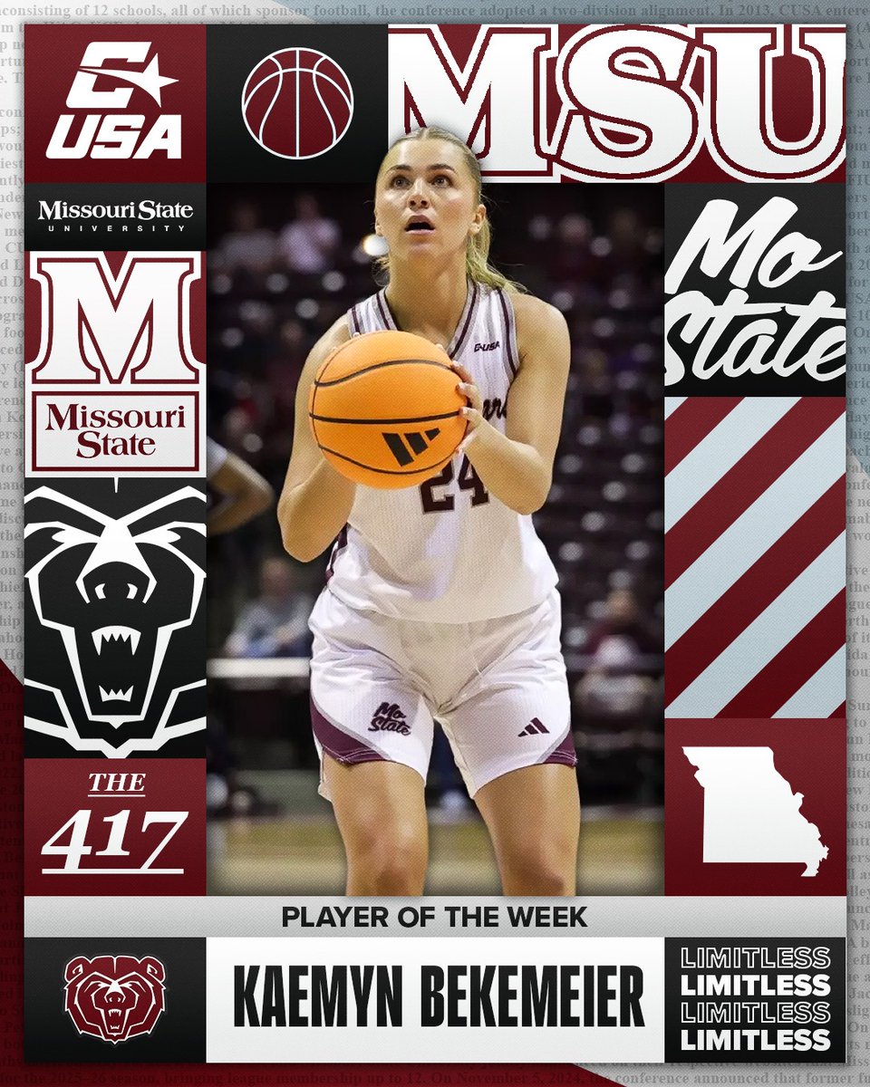ConferenceUSA's tweet photo. 🏀 WBB PLAYER OF THE WEEK 🏀

🏅4⃣ Kaemyn Bekemeier, @MoStateWBB 

#NoLimitsOnUs | https://t.co/7CyF3PR1Ds
