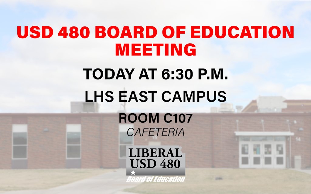 There will be a regularly scheduled USD 480 Board of Education meeting today at 6:30 PM in room C107 at LHS East Campus. View agenda here: tinyurl.com/USD480BOE