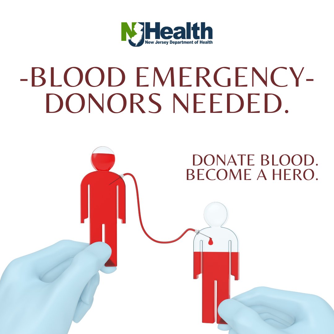 NJDeptofHealth's tweet photo. Giving = Living. Become someone's hero by donating today. Find a place to donate near you today: https://t.co/SC7c5N4g8M. #DonateBlood #HealthierNJ https://t.co/hDO4zyNbBr