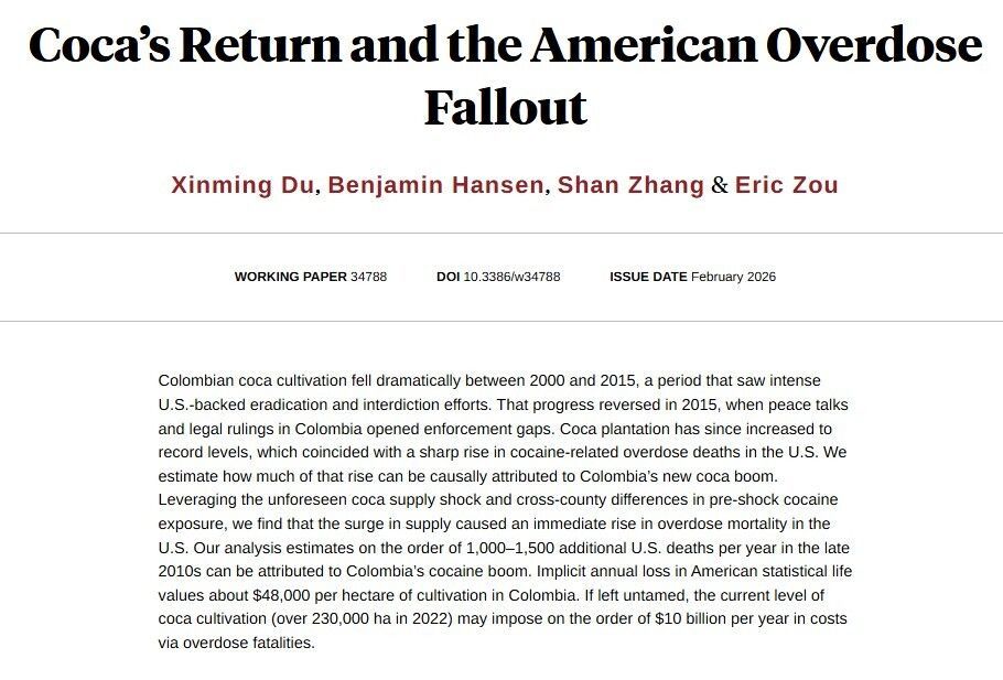 nberpubs's tweet photo. Examining the relationship between the rise in cocaine-related overdose deaths in the US and increased coca cultivation in Colombia in the late 2010s, from @xinmingd, @benconomics, Shan Zhang, and @thefinderouter1 https://t.co/7EwdjTSHPC https://t.co/b1JYcBaHp2