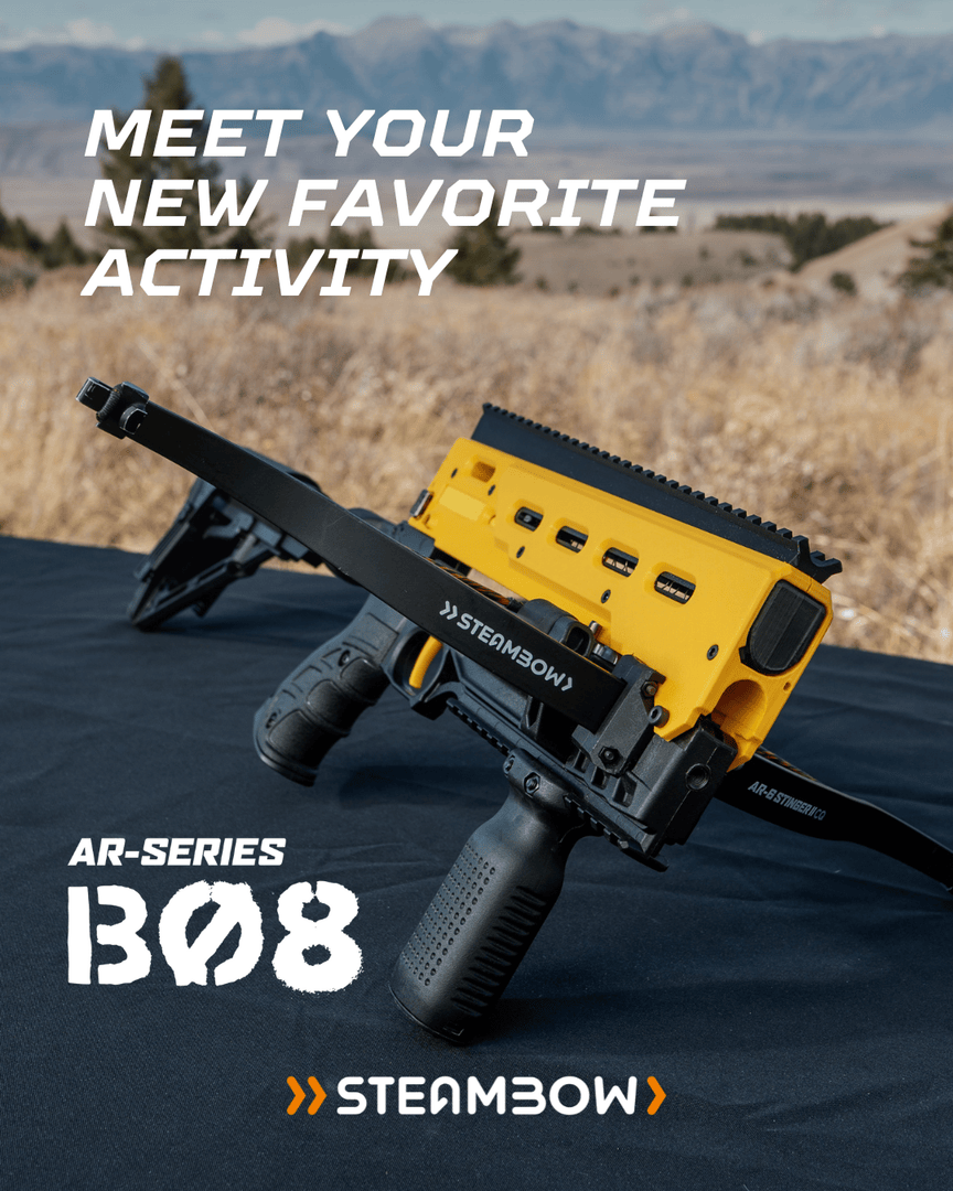 steambow's tweet photo. The New B08 .68 Caliber Ball Launcher is a win! From foam to pepper to paintballs, the B08 is a crossbow built for balls. It comes with an upgraded AR base so ballistics launch without spin. Check out the B08 and get yours today!

https://t.co/S11YCj7Pkd https://t.co/3KuiqLTTn4