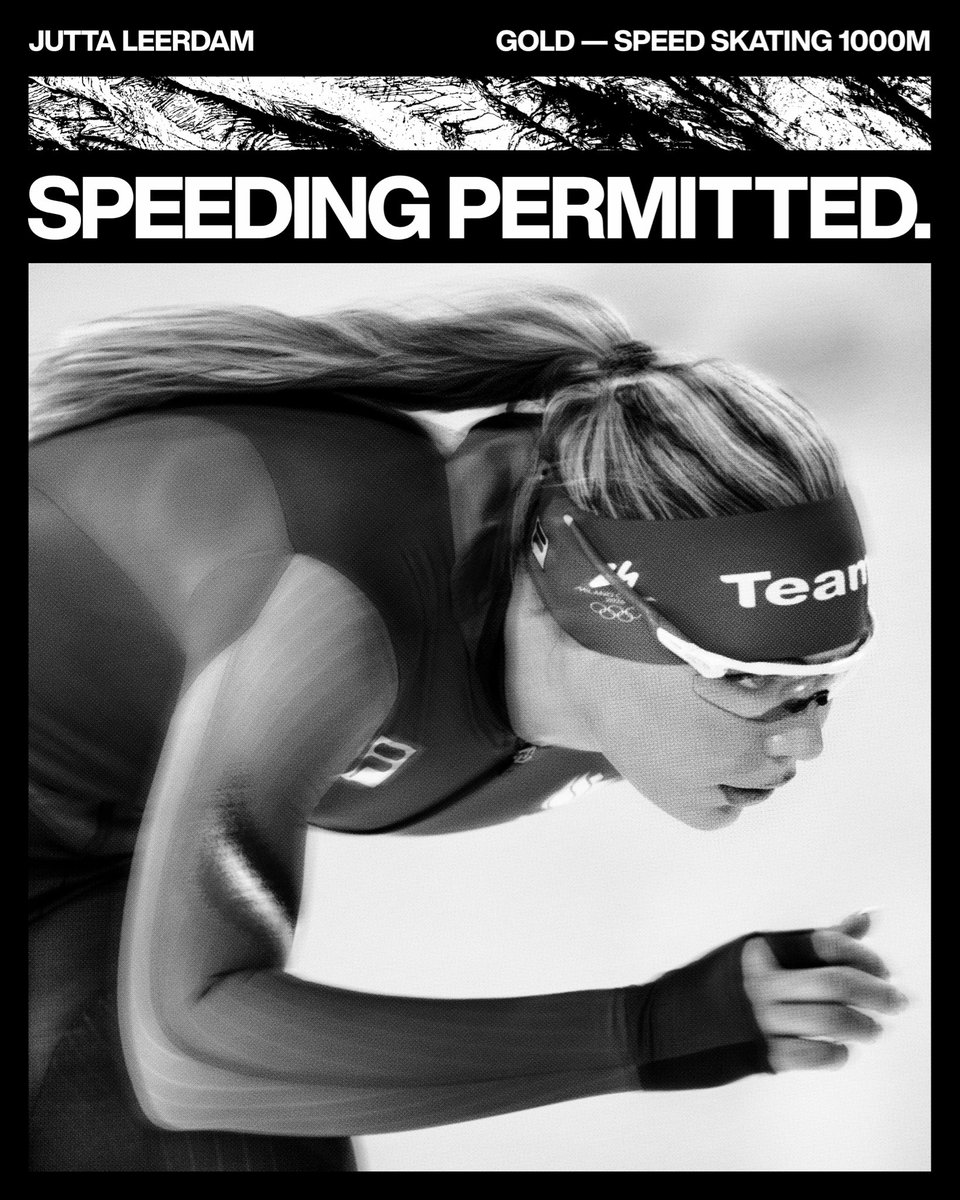 Nike's tweet image. When you’re this fast, you don't ask for permission. Jutta Leerdam breaks the Olympic record in the Speed Skating 1000m and wins her first Gold. 

#MilanoCortina2026 #Olympics