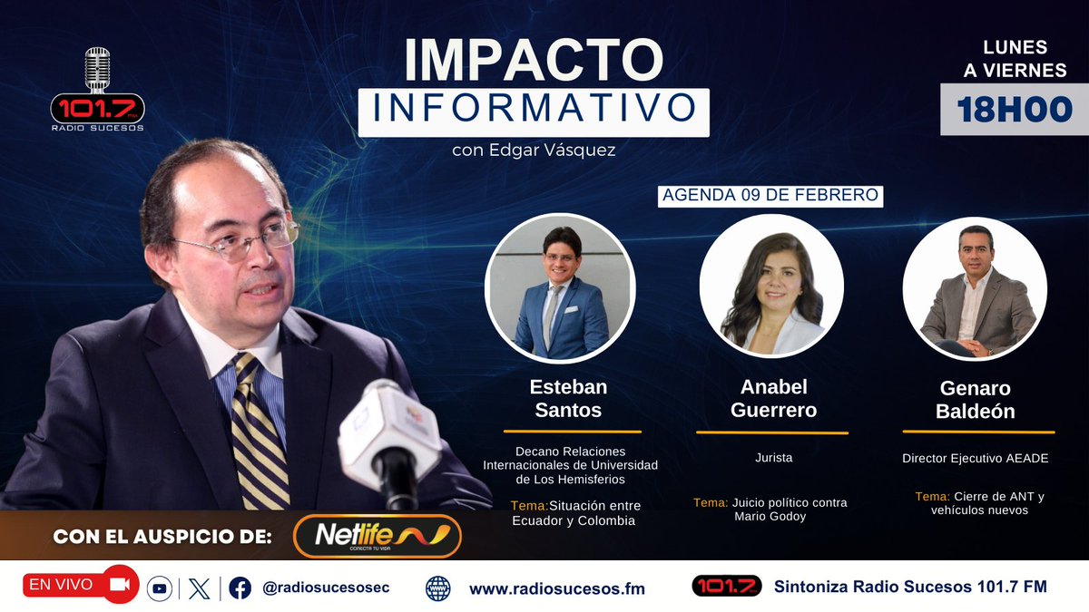 🔴HOY | A las 18h00 en nuestro programa <a href="/Elimpactoinform/">Impacto Informativo</a> junto a <a href="/e6vasquez/">Edgar Vásquez</a> nos acompañan:    

🔹Esteban Santos <a href="/estebansantosl/">Esteban Santos L.</a> 
🔹Anabel Guerrero <a href="/NguyenGuerrero/">Annabell Guerrero Pita ⚖🏄🏽‍♀️🍉</a> 
🔹Genaro Baldeón <a href="/GenaroBaldeonH/">Genaro Baldeón</a> 

📻Sintoniza 101.7 FM
🎥#EnVivo por Facebook y YouTube