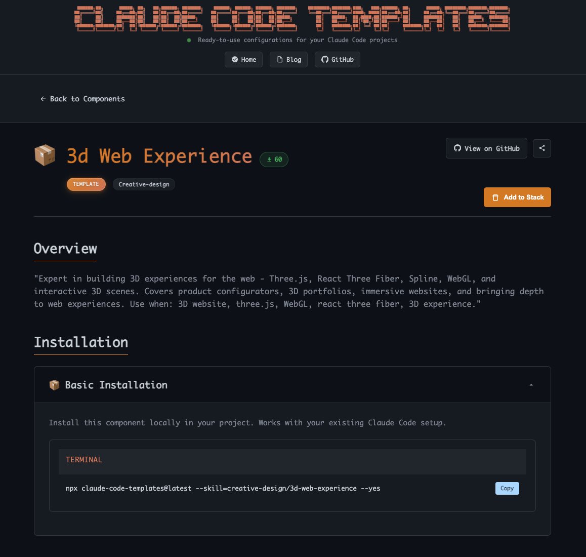 Using Claude Code with a three.js skill

With proper 3D web context, Claude reasons in terms of scenes, interactions, and WebGL constraints instead of isolated snippets.

Install it with:
npx claude-code-templates@latest --skill=creative-design/3d-web-experience --yes

More