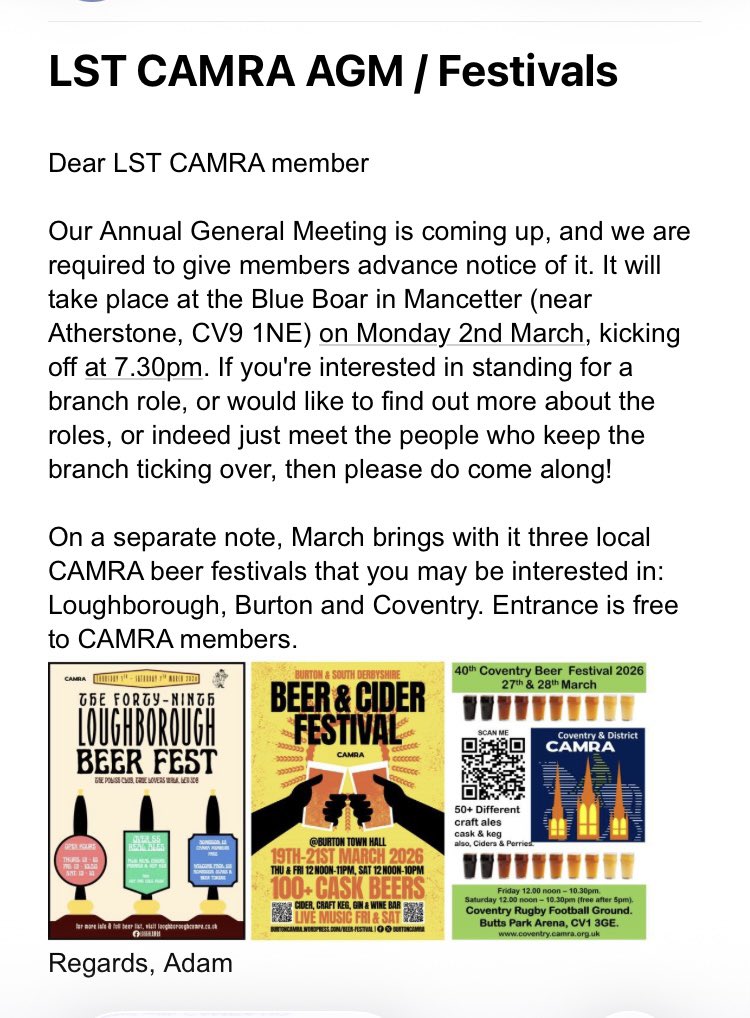 For those interested the <a href="/CAMRA_Official/">CAMRA</a> AGM for this branch area (Lichfield, Sutton and Tamworth) is handily taking place in Mancetter. Yeah I had to look it up, it’s the other side of Atherstone and very far from useful. I’ll pass. Recommend everyone else does to make a point.