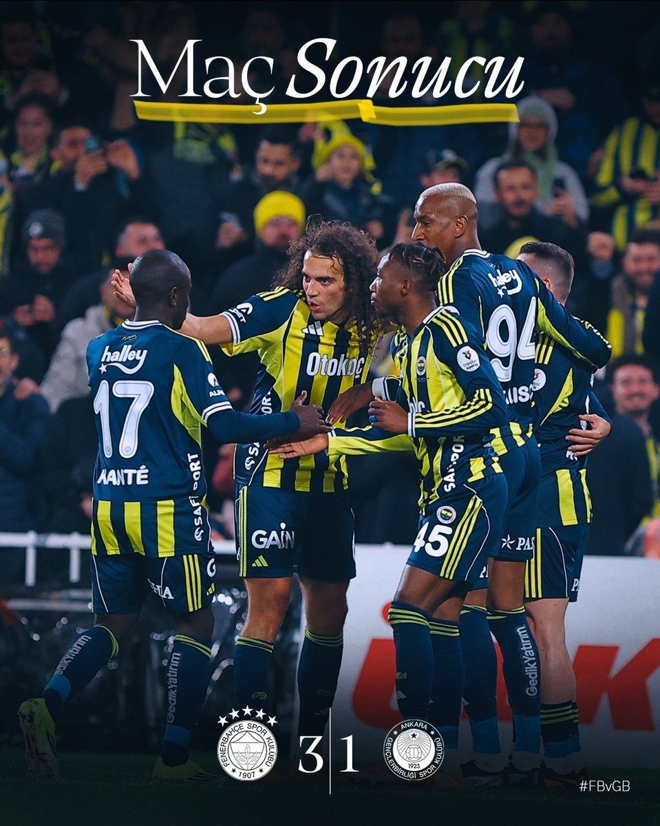 Yenilmezlik serisi devam ediyor 🔥

Gençlerbirliği kolay lokmaydı, ilk yarı fişi çektik 

Sıradaki gelsin, yolumuz şampiyonluk
🟡🔵💪

#FBvGB
<a href="/Fenerbahce/">Fenerbahçe SK</a>