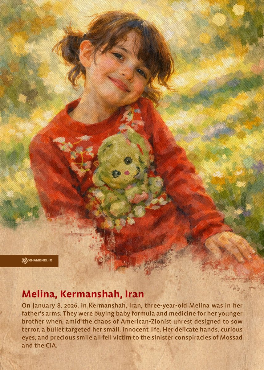 Khamenei_m's tweet photo. Hind Rajab and Melina:
Victims of American-Zionist terrorism from #Gaza to Tehran

From Gaza to Tehran, wherever there is a trace of the expansionist policies of the Zionist regime and the US, there is also the trace of children’s blood.

1/2 https://t.co/RNPVKXFMto