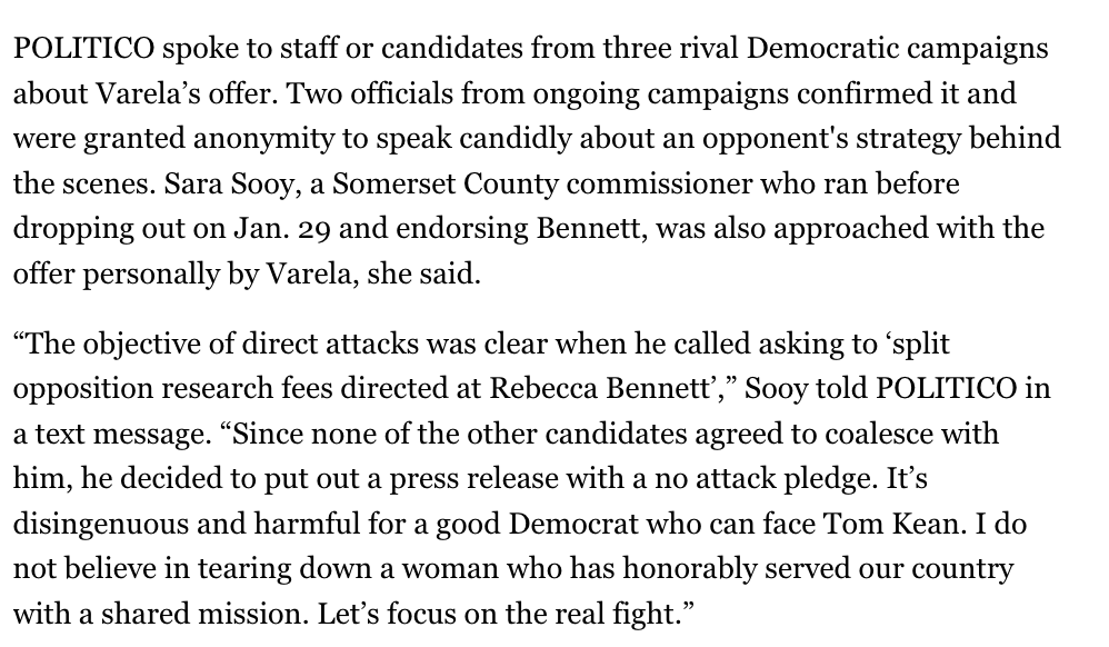 MattFriedmanNJ's tweet photo. Dem congressional candidate Brian Varela, who has loaned his campaign $1.15M and made a "no negativity pledge" in the CD7 primary, reached out to  rivals about pooling resources to pay for opposition research against fellow rival Rebecca Bennett. They turned him down. https://t.co/2sFX9X3PHB