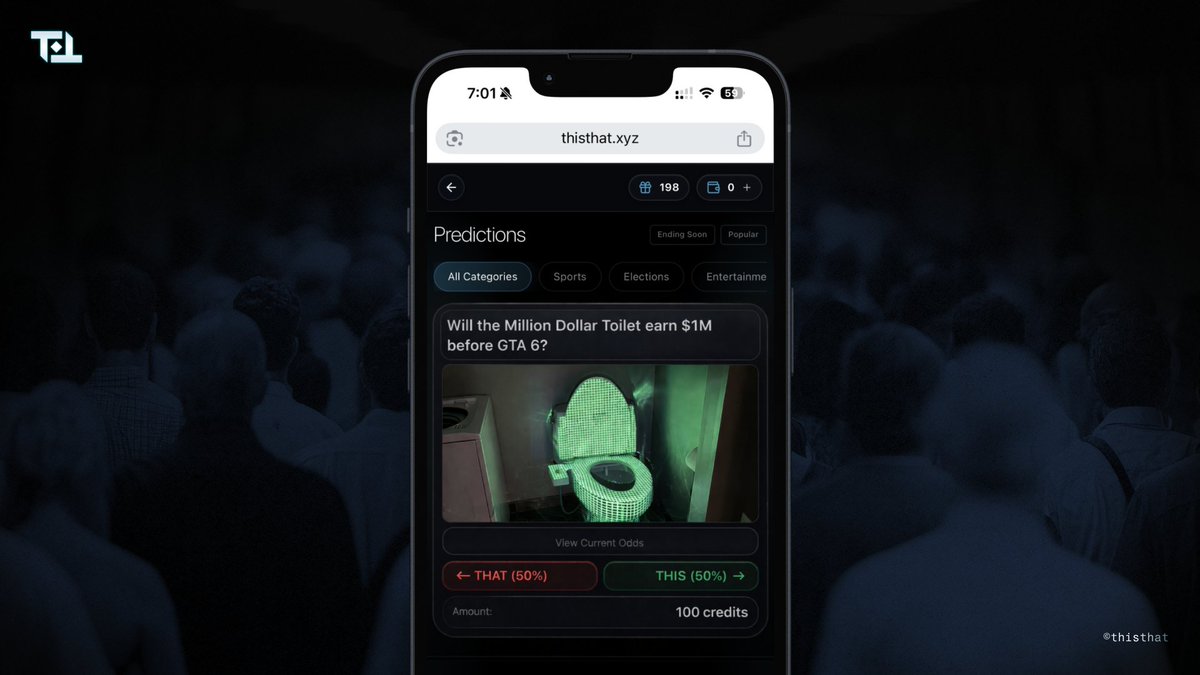 thatapp's tweet image. can't afford a spot on the toilet so..

what if you could bet on whether the Million Dollar Toilet hits $1m before GTA 6?

we're so back 🤜🤛