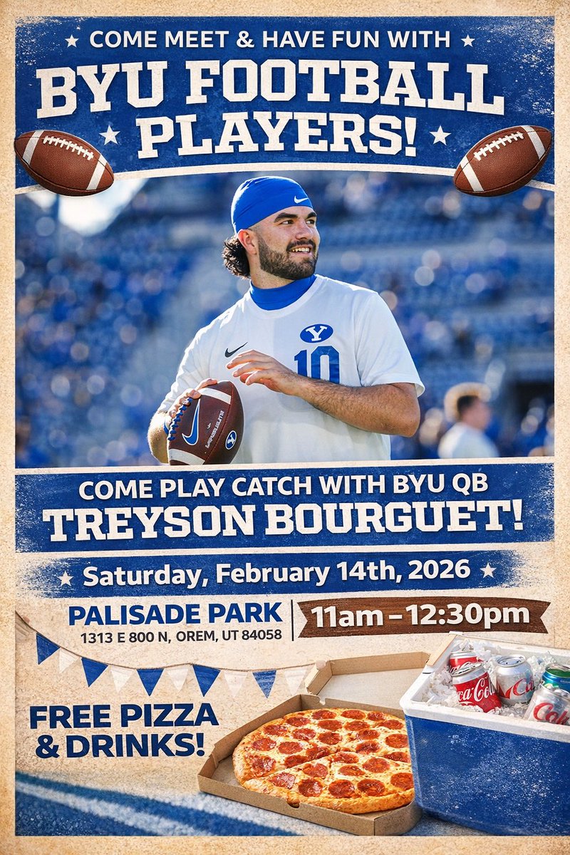COUG NATION
Pull up to Palisade Park from 11–12:30. Food, drinks, and some BYU football players hanging out and throwing it around.
All are welcome. Bring a ball and come chill 🏈🍕