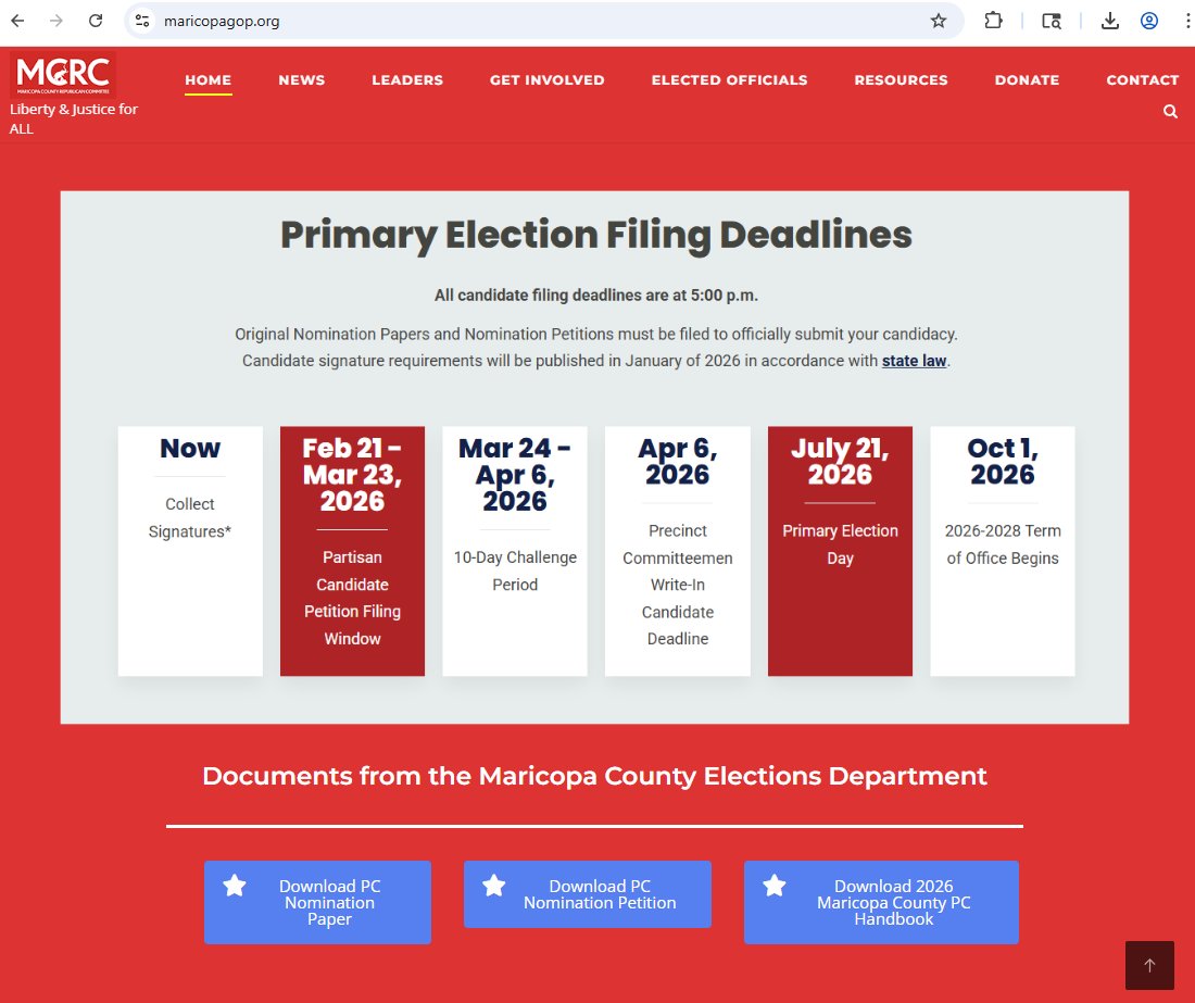"#AZLeg Moves Up Primary Election Date to July 21"

"New law moves up voter registration cut-off date for Primary to June 22 &amp; affects other key election dates, including candidate filing deadlines." 

PC Filing Dates: 2/21-3/23/26 | Write-In Deadline: 4/6/26