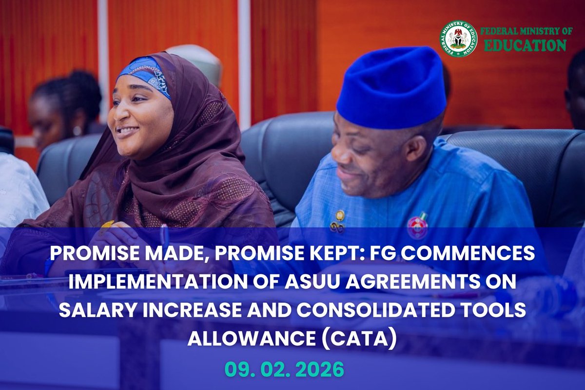 DrTunjiAlausa's tweet image. On behalf of the Federal Government, I am pleased to announce that we have commenced the implementation of key welfare components of our renegotiated agreement with ASUU, specifically the 40% increase in the Consolidated Academic Allowance (CAA) for ASUU members, effective 1st…