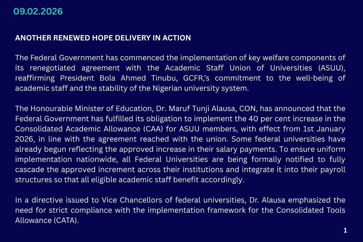 DrTunjiAlausa's tweet image. On behalf of the Federal Government, I am pleased to announce that we have commenced the implementation of key welfare components of our renegotiated agreement with ASUU, specifically the 40% increase in the Consolidated Academic Allowance (CAA) for ASUU members, effective 1st…