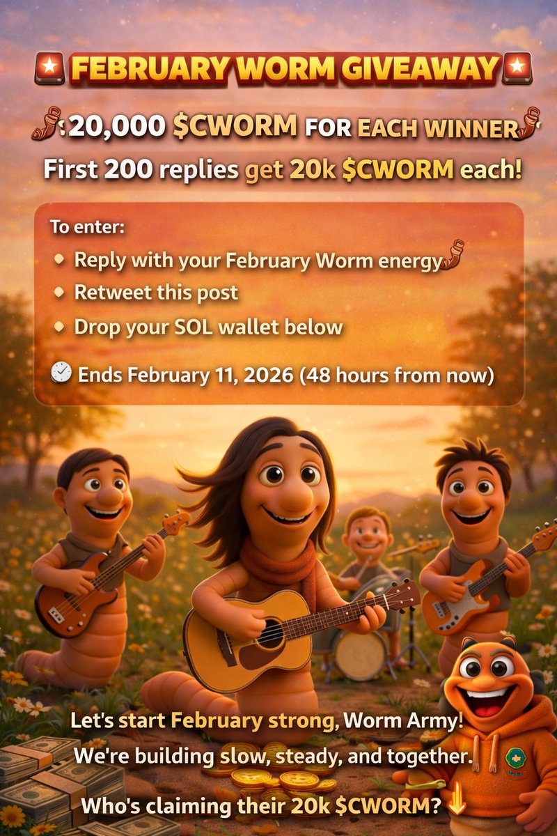 🚨 FEBRUARY WORM GIVEAWAY 🚨

🪱 20,000 $CWORM FOR EACH WINNER 🪱
First 200 replies get 20k $CWORM each!

To enter:
• Reply with your February Worm energy 🪱
• Retweet this post
• Drop your SOL wallet below

⏰ Ends February 11, 2026 (48 hours from now)

Let’s start February