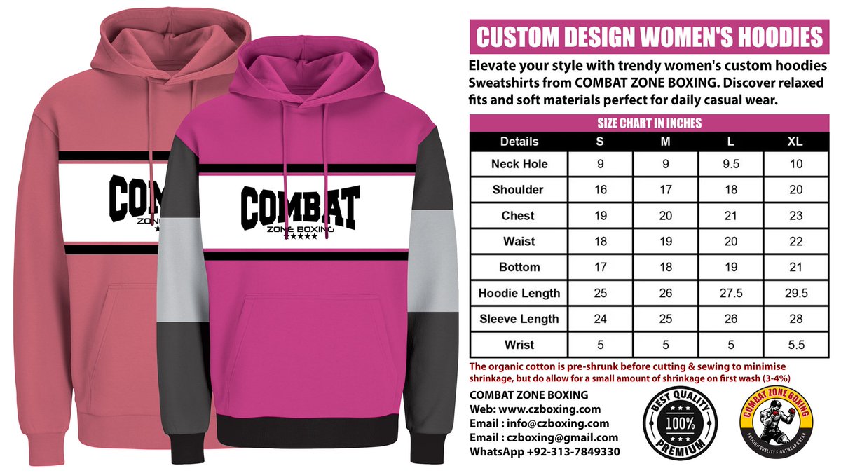 czboxing's tweet photo. Women's customizable hoodie from Combat Zone Boxing Pakistan. This stylish and cozy hoodie is perfect for any occasion, allowing you to express your individuality through personalized prints or embroidery. Ideal for teams and events, it combines comfort with a unique flair. https://t.co/ZYDQBgX8wu