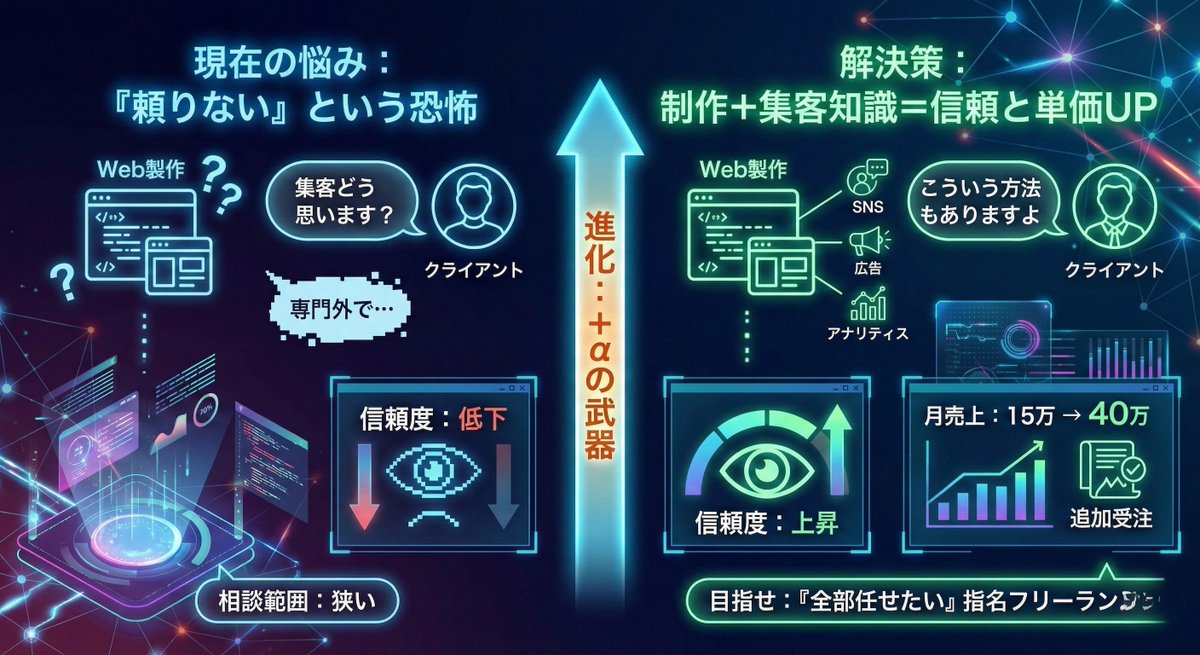 直契約の案件でフリーランスが一番恐れてるのは、スキル不足じゃなくて頼りないと思われること。

Web制作の打ち合わせで「広告とかインスタで集客ってどう思います？」って聞かれたこと、ない？

知識がないと、あの瞬間めちゃくちゃ焦る。

「ちょっと専門外で…」って
返した時の、あの微妙な空気。