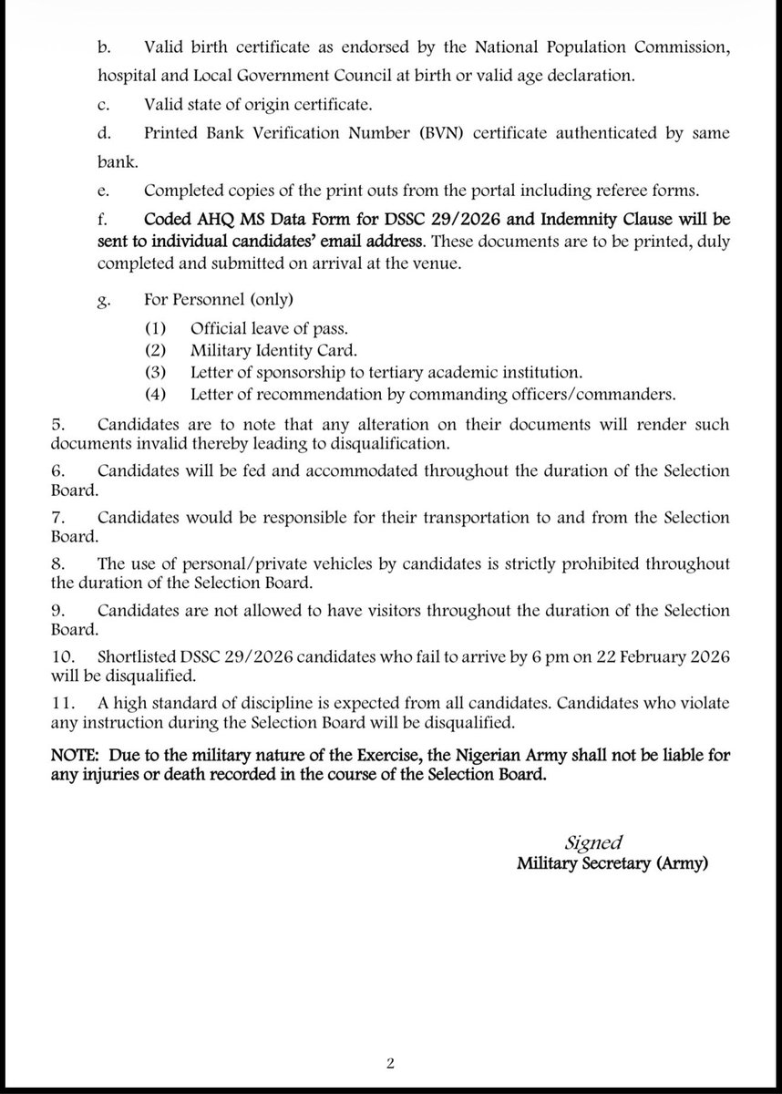 PUBLIC ANNOUNCEMENT

SHORTLISTED CANDIDATES FOR NIGERIAN ARMY DIRECT SHORT SERVICE COMMISSION COURSE 29/2026 SELECTION BOARD FROM 23 FEBRUARY - 8 MARCH 2026

1. The Nigerian Army (NA) is pleased to inform the general public that the list of successful candidates for Direct Short