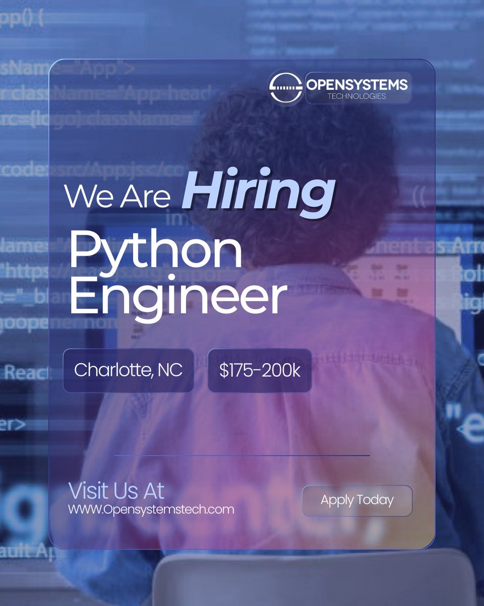 #Hiring: #Python Engineer to design critical apps for a top financial firm. 
📍 Charlotte, NC
💰 $175k to $200k
💻 Python, SQL, C#/.Net, IBM MQ
⚙️ 7 to 12 yrs exp
📩 Apply: f.mtr.cool/jjqbiyuvxw
#CharlotteJobs
